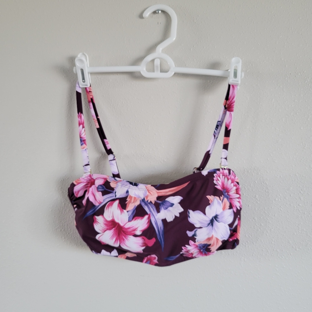 Kona Sol Bandeau SwimSuit Purple Floral Removable Straps Size D/DD